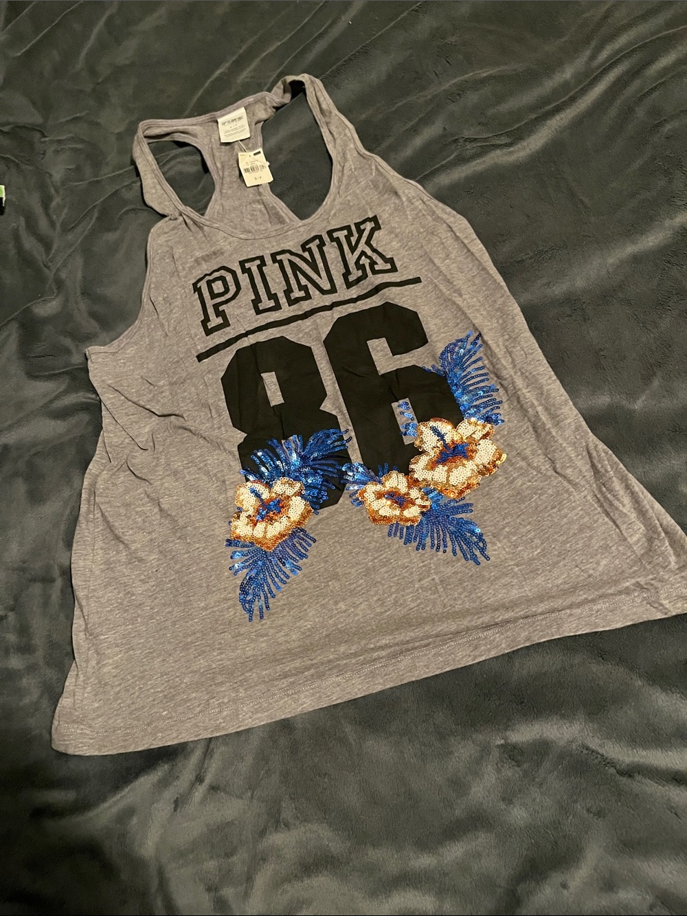 NWT-VS PINK gray racer back tank w/ sequined hibiscus flowers size S